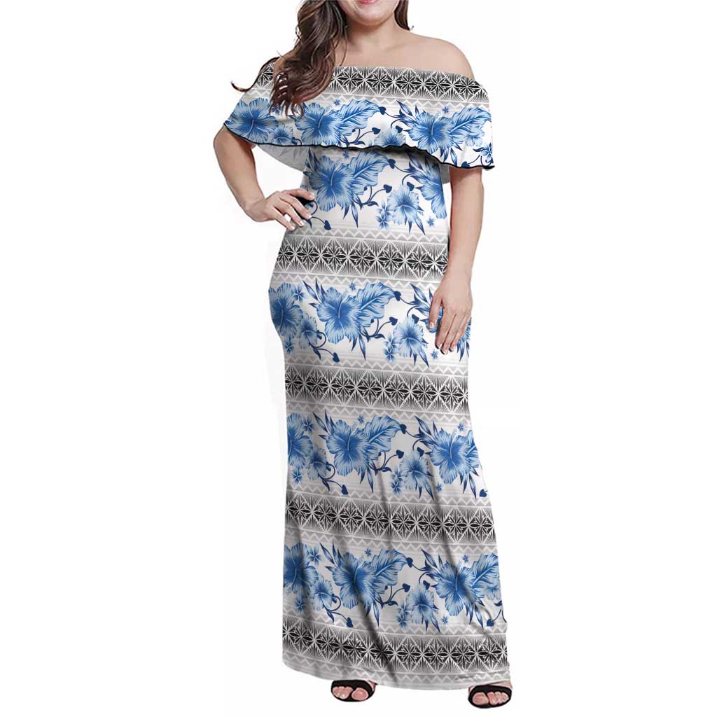 Samoa White Sunday Family Matching Off Shoulder Maxi Dress and Hawaiian Shirt Samoan Tapa Blue Hibiscus LT05 Mom's Dress Blue - Polynesian Pride