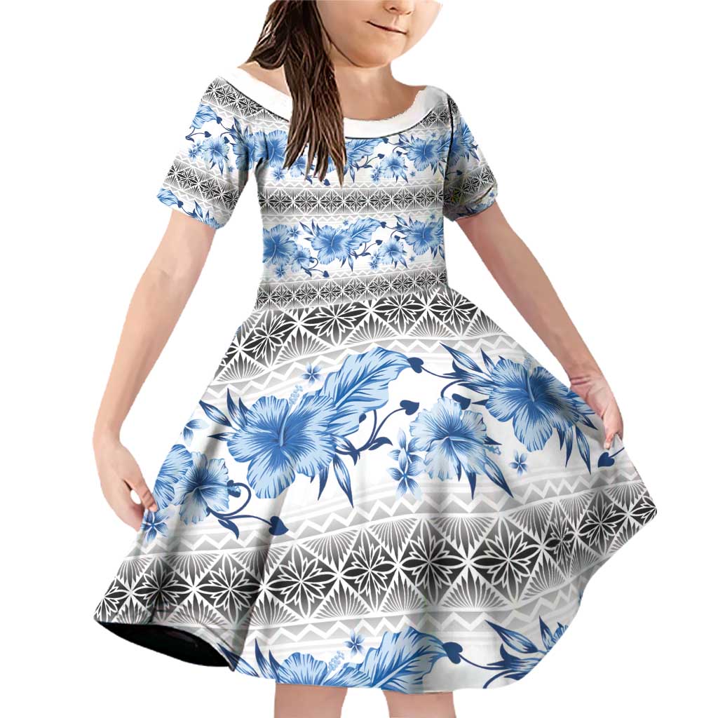 Samoa White Sunday Family Matching Off Shoulder Short Dress and Hawaiian Shirt Samoan Tapa Blue Hibiscus LT05 Daughter's Dress Blue - Polynesian Pride