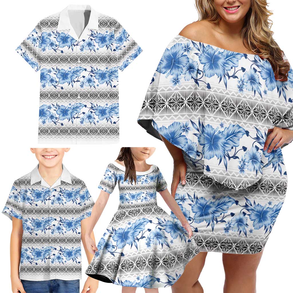 Samoa White Sunday Family Matching Off Shoulder Short Dress and Hawaiian Shirt Samoan Tapa Blue Hibiscus LT05 - Polynesian Pride