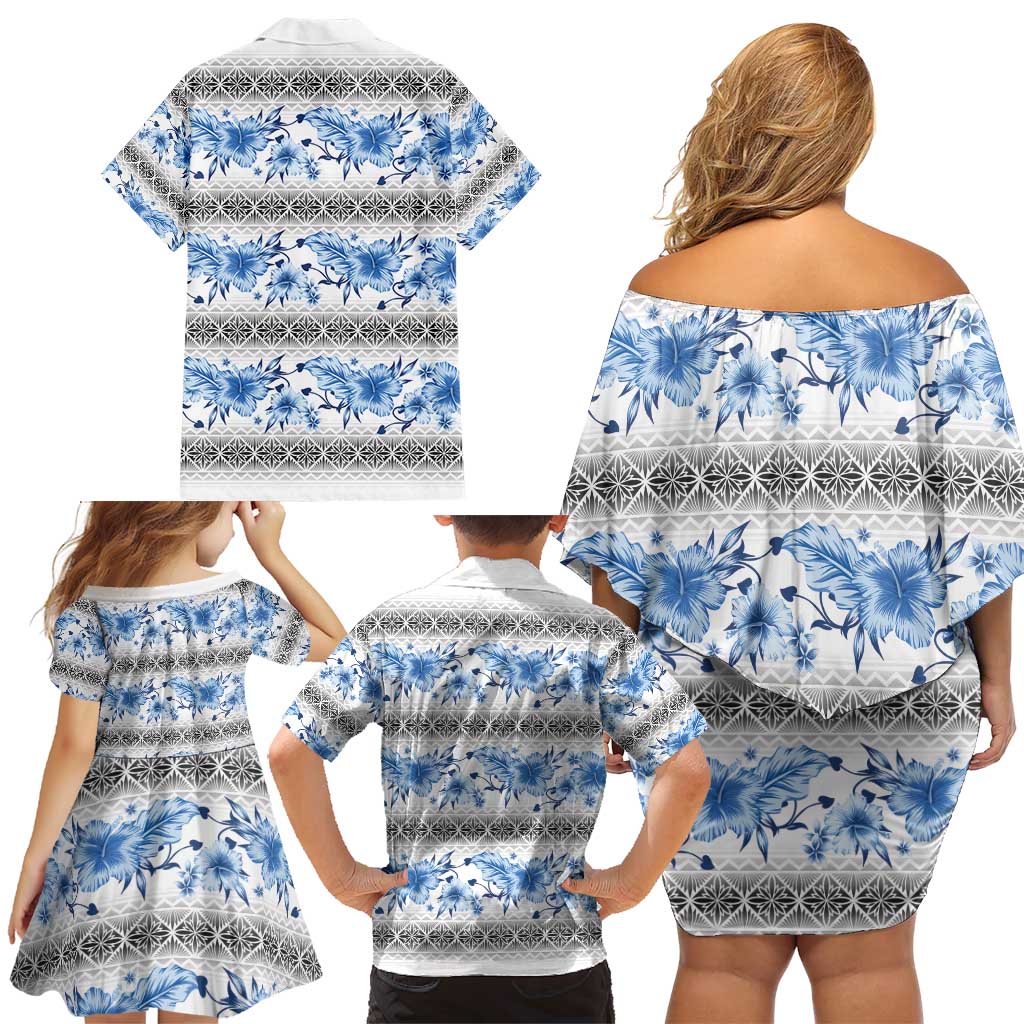 Samoa White Sunday Family Matching Off Shoulder Short Dress and Hawaiian Shirt Samoan Tapa Blue Hibiscus LT05 - Polynesian Pride