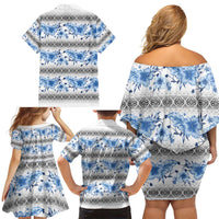 Samoa White Sunday Family Matching Off Shoulder Short Dress and Hawaiian Shirt Samoan Tapa Blue Hibiscus LT05 - Polynesian Pride