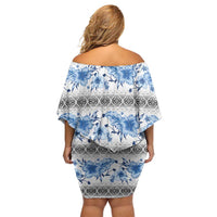 Samoa White Sunday Family Matching Off Shoulder Short Dress and Hawaiian Shirt Samoan Tapa Blue Hibiscus LT05 - Polynesian Pride