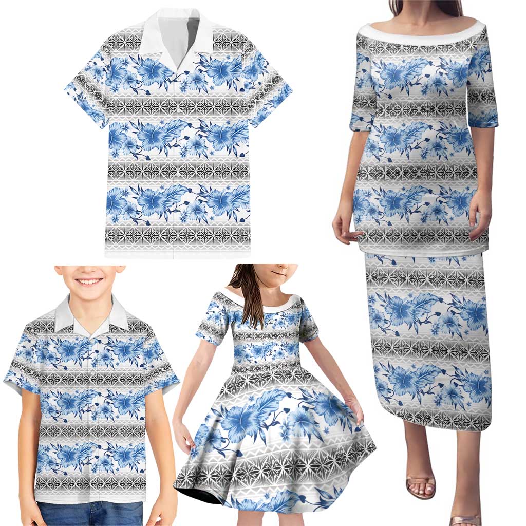 Samoa White Sunday Family Matching Puletasi and Hawaiian Shirt Samoan Tapa Blue Hibiscus LT05 - Polynesian Pride