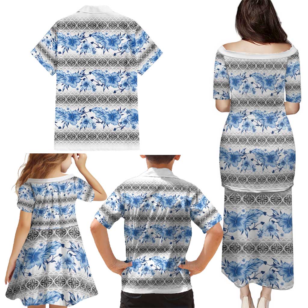 Samoa White Sunday Family Matching Puletasi and Hawaiian Shirt Samoan Tapa Blue Hibiscus LT05 - Polynesian Pride