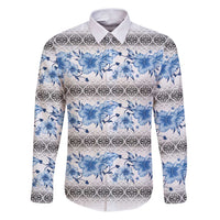 Samoa White Sunday Family Matching Puletasi and Hawaiian Shirt Samoan Tapa Blue Hibiscus LT05 Dad's Shirt - Long Sleeve Blue - Polynesian Pride