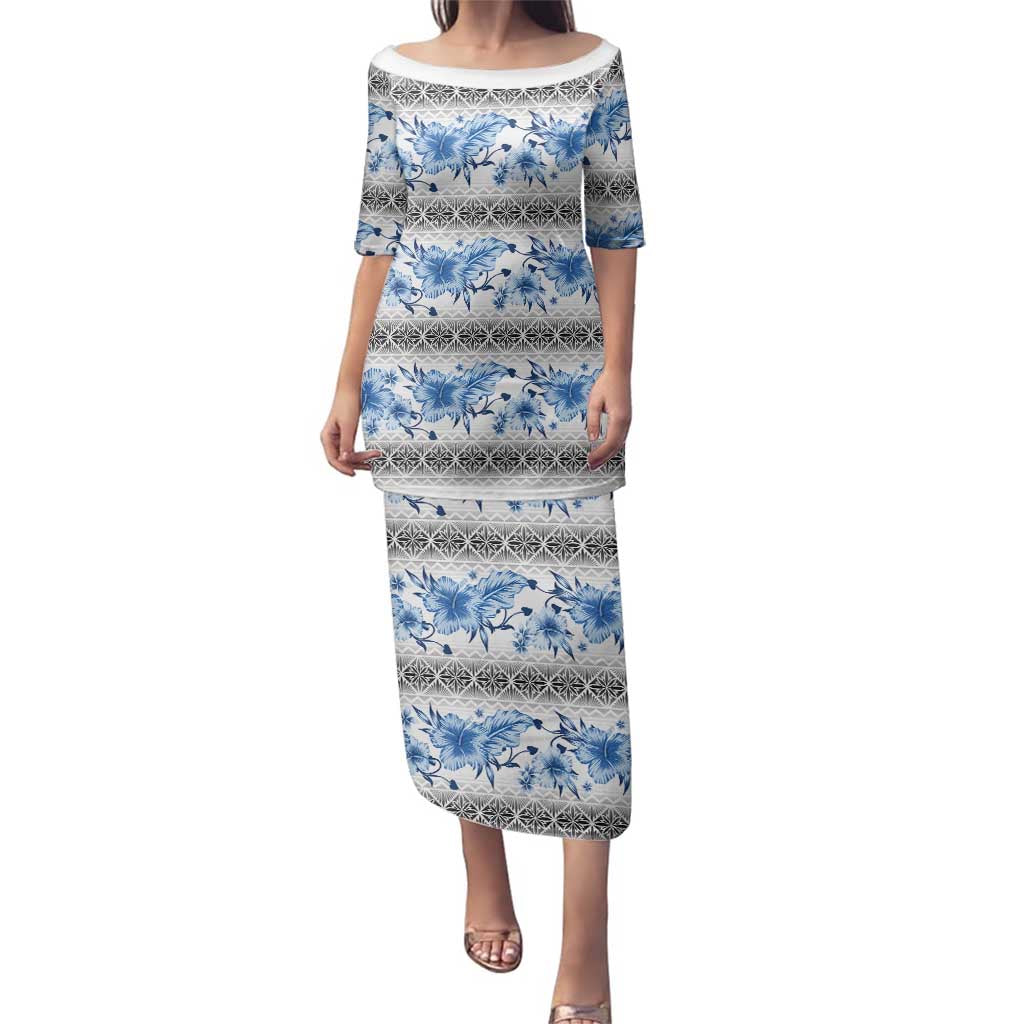 Samoa White Sunday Family Matching Puletasi and Hawaiian Shirt Samoan Tapa Blue Hibiscus LT05 Mom's Dress Blue - Polynesian Pride