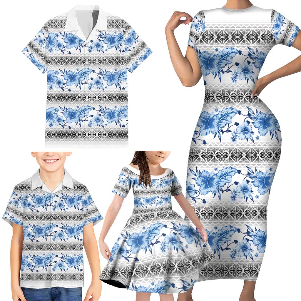 Samoa White Sunday Family Matching Short Sleeve Bodycon Dress and Hawaiian Shirt Samoan Tapa Blue Hibiscus LT05 - Polynesian Pride