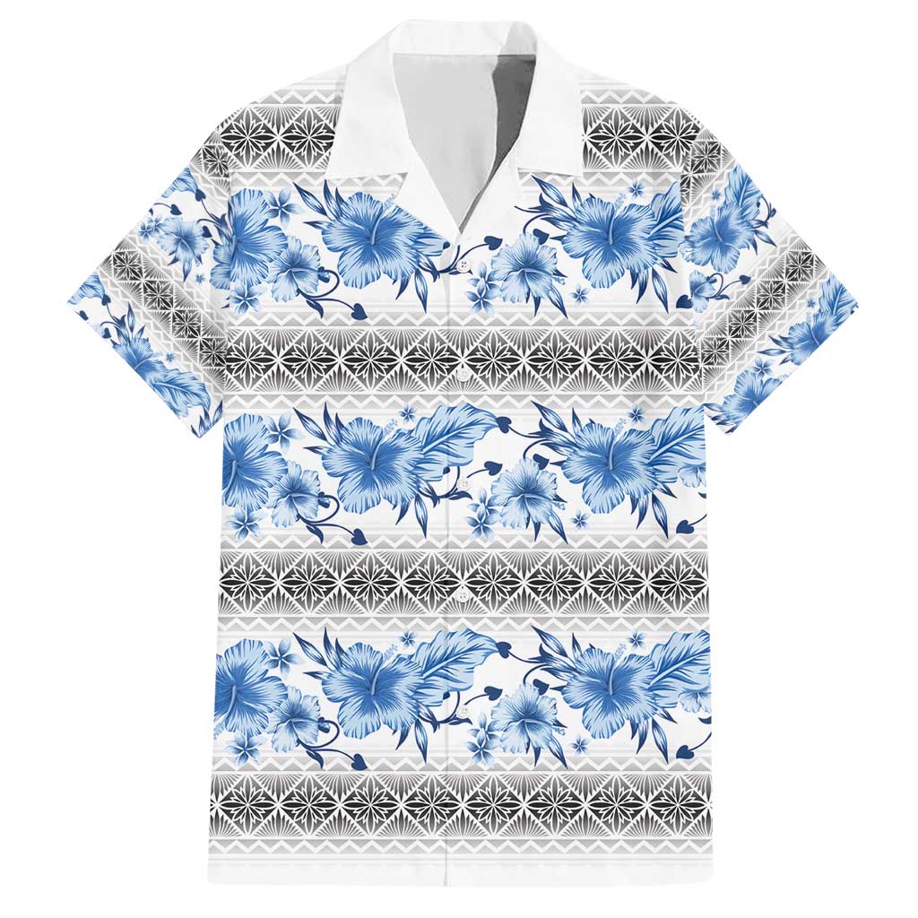 Samoa White Sunday Family Matching Short Sleeve Bodycon Dress and Hawaiian Shirt Samoan Tapa Blue Hibiscus LT05 Dad's Shirt - Short Sleeve Blue - Polynesian Pride