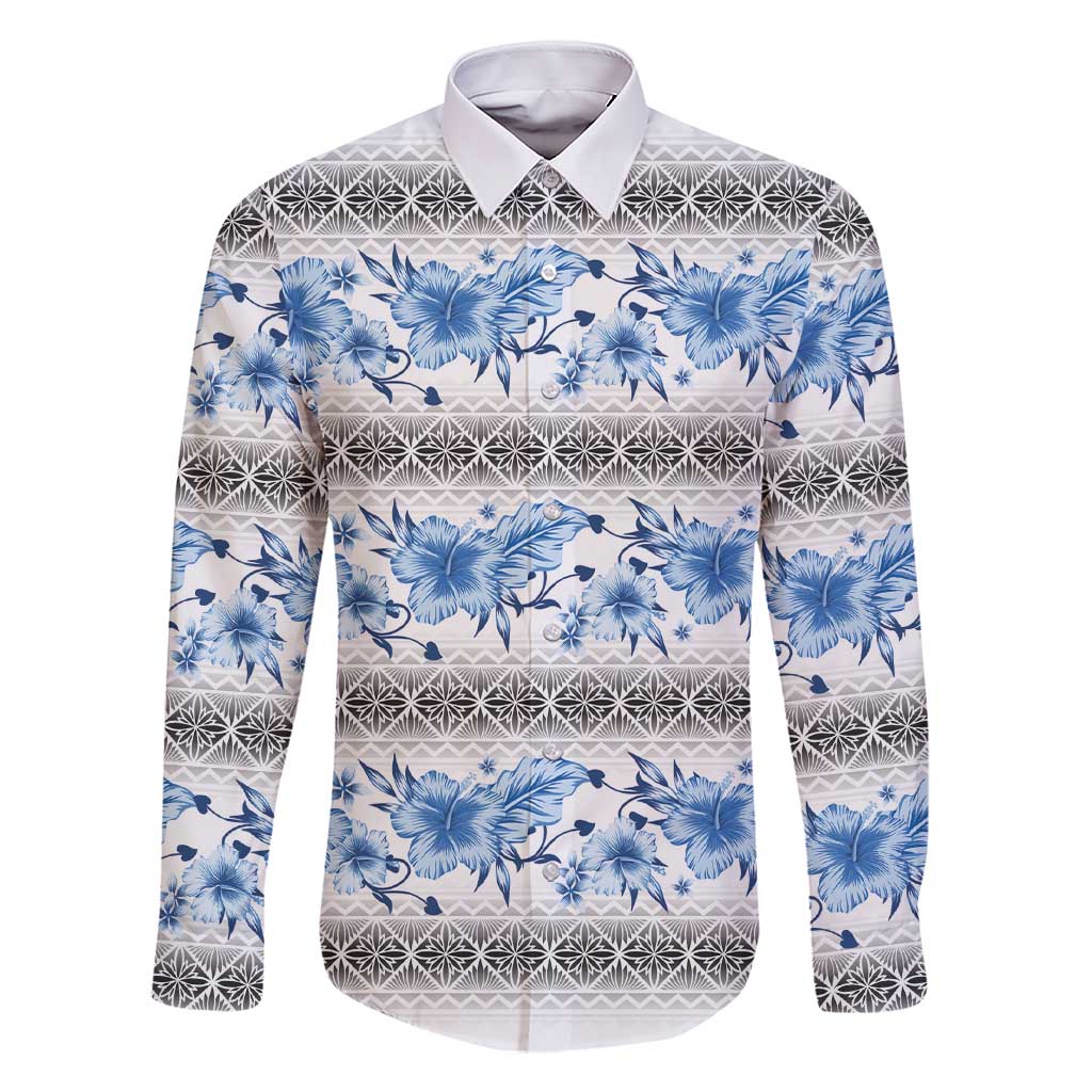 Samoa White Sunday Family Matching Short Sleeve Bodycon Dress and Hawaiian Shirt Samoan Tapa Blue Hibiscus LT05 Dad's Shirt - Long Sleeve Blue - Polynesian Pride