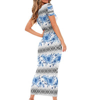 Samoa White Sunday Family Matching Short Sleeve Bodycon Dress and Hawaiian Shirt Samoan Tapa Blue Hibiscus LT05 - Polynesian Pride