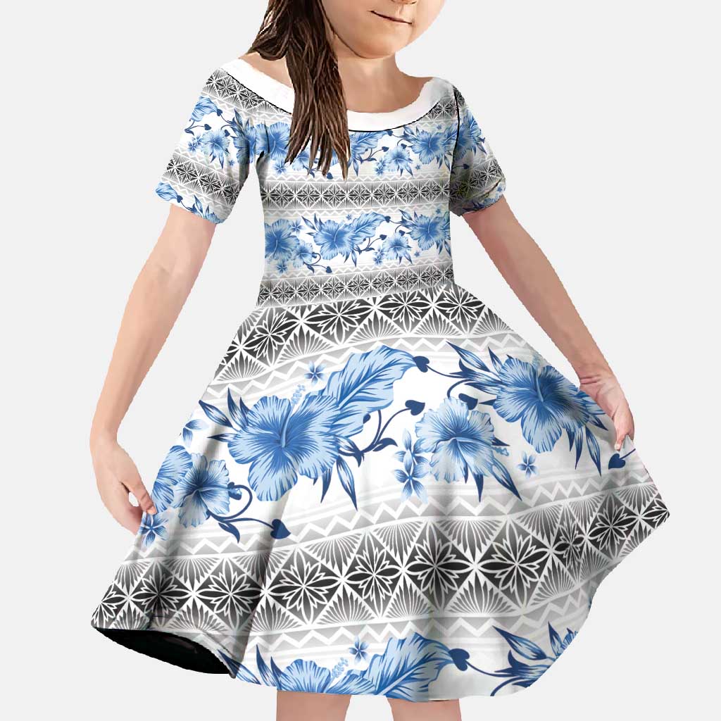 Samoa White Sunday Family Matching Summer Maxi Dress and Hawaiian Shirt Samoan Tapa Blue Hibiscus LT05 Daughter's Dress Blue - Polynesian Pride