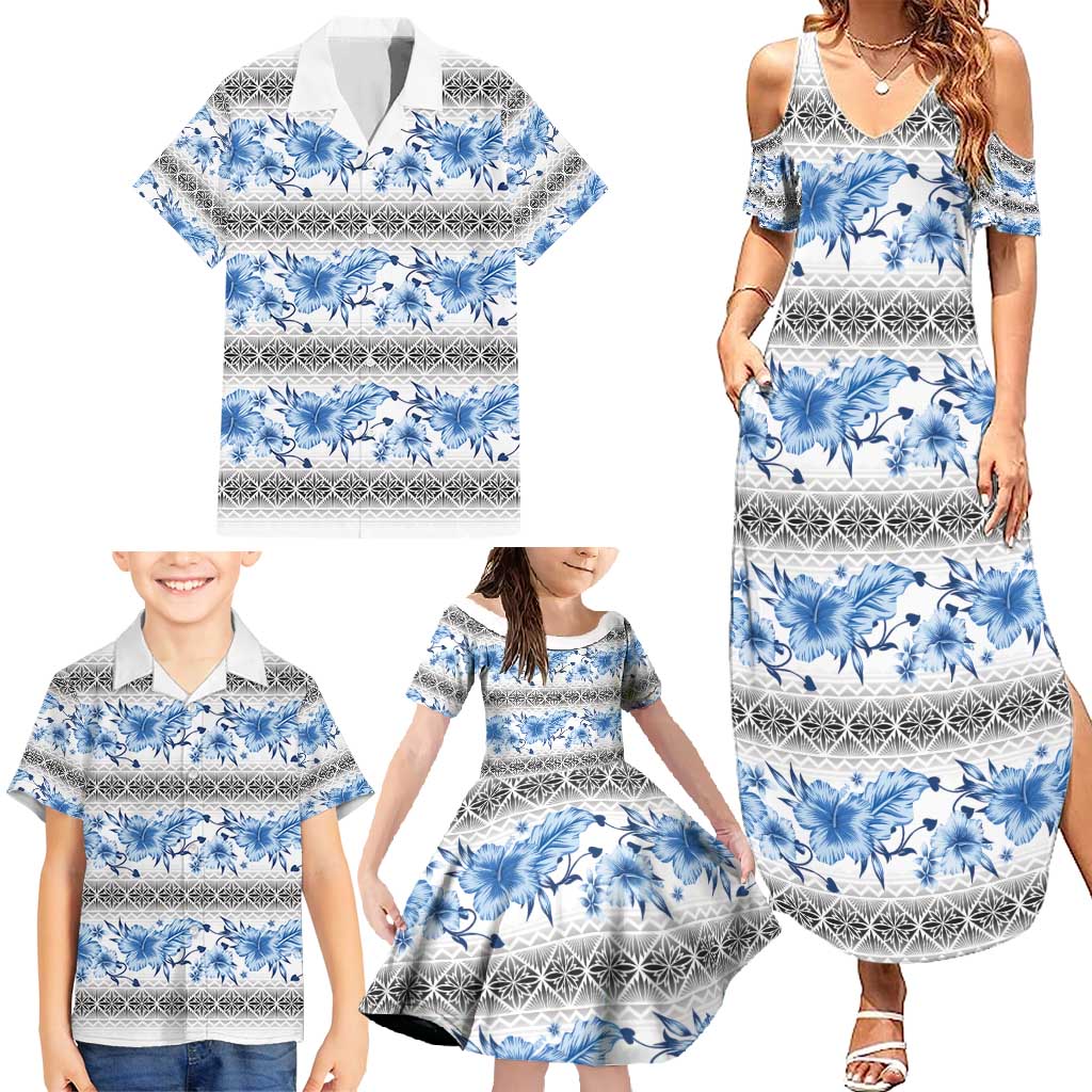 Samoa White Sunday Family Matching Summer Maxi Dress and Hawaiian Shirt Samoan Tapa Blue Hibiscus LT05 - Polynesian Pride