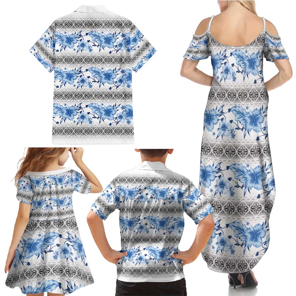 Samoa White Sunday Family Matching Summer Maxi Dress and Hawaiian Shirt Samoan Tapa Blue Hibiscus LT05 - Polynesian Pride