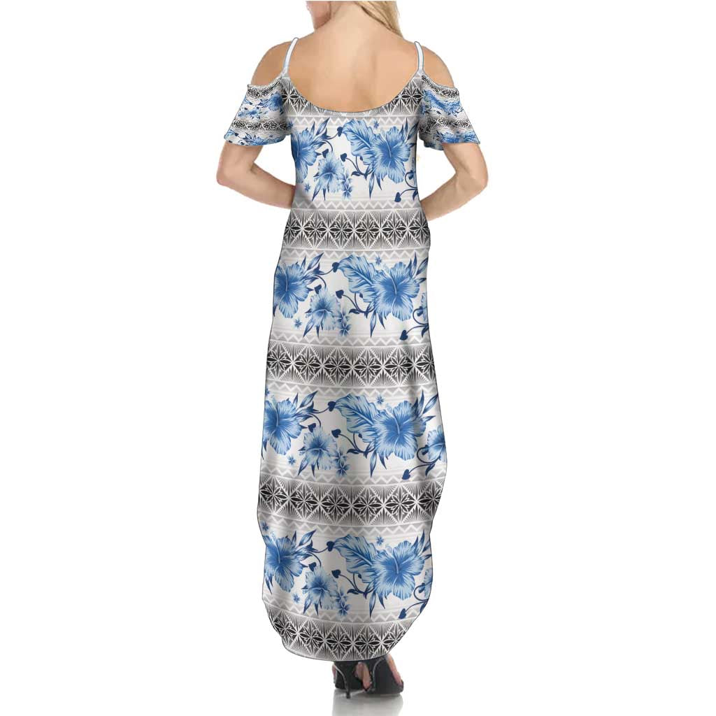 Samoa White Sunday Family Matching Summer Maxi Dress and Hawaiian Shirt Samoan Tapa Blue Hibiscus LT05 - Polynesian Pride