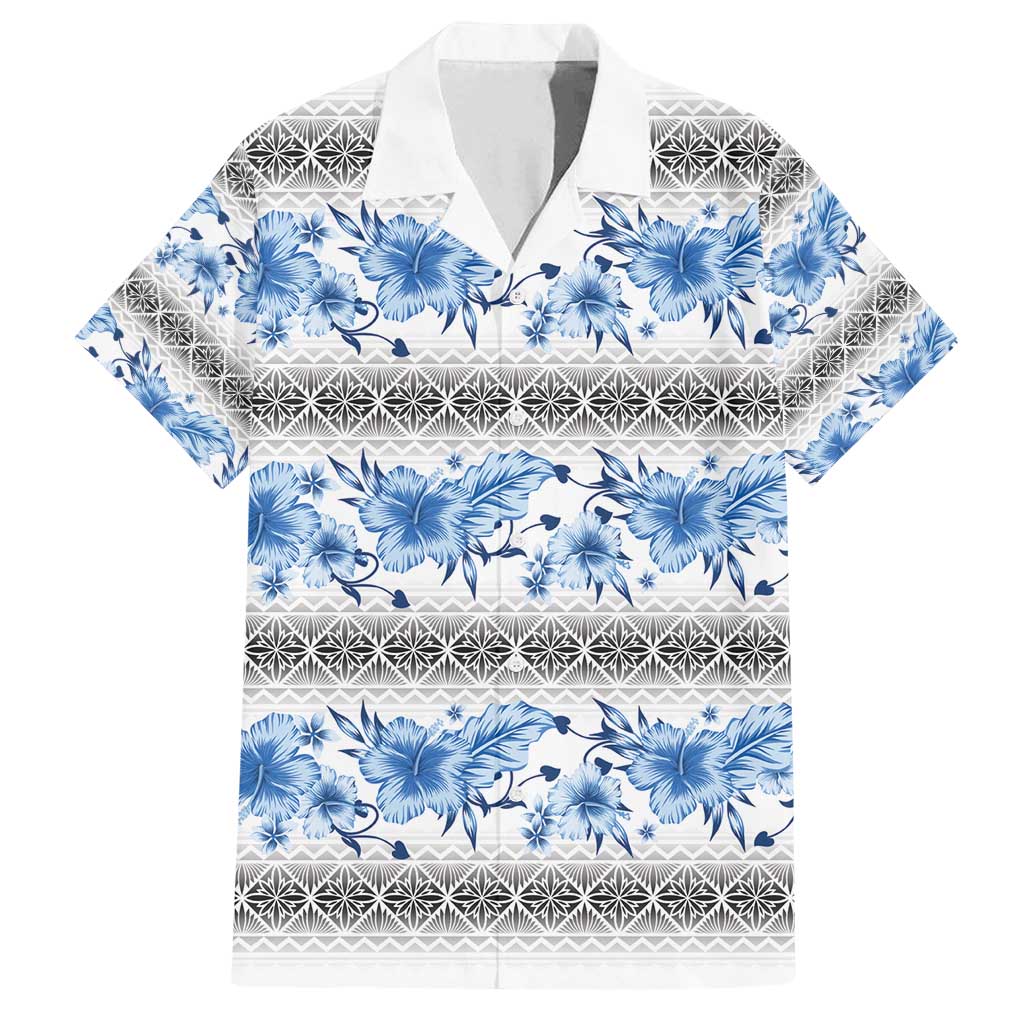 Samoa White Sunday Family Matching Tank Maxi Dress and Hawaiian Shirt Samoan Tapa Blue Hibiscus LT05 Dad's Shirt - Short Sleeve Blue - Polynesian Pride
