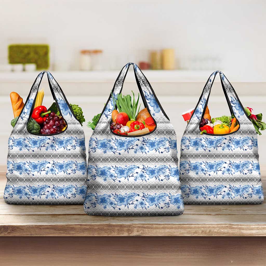Samoa White Sunday Grocery Bag Samoan Tapa Blue Hibiscus - Polynesian Pride