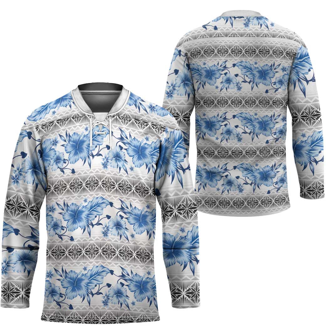 Samoa White Sunday Hockey Jersey Samoan Tapa Blue Hibiscus - Polynesian Pride