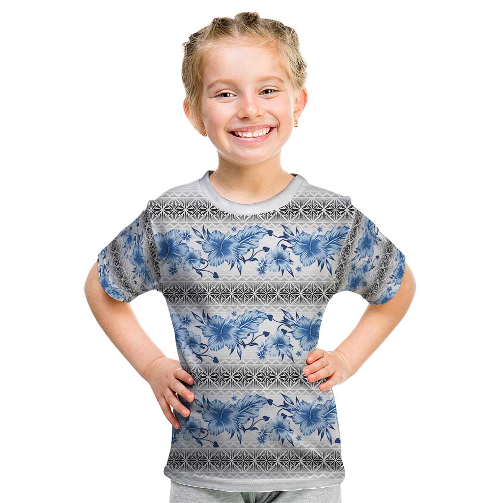 Samoa White Sunday Kid T Shirt Samoan Tapa Blue Hibiscus - Polynesian Pride
