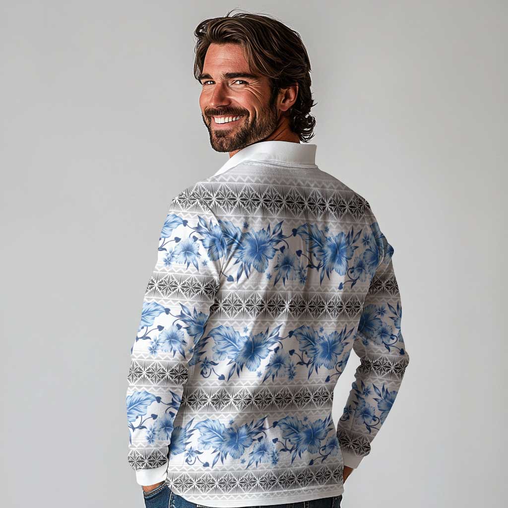Samoa White Sunday Long Sleeve Polo Shirt Samoan Tapa Blue Hibiscus - Polynesian Pride