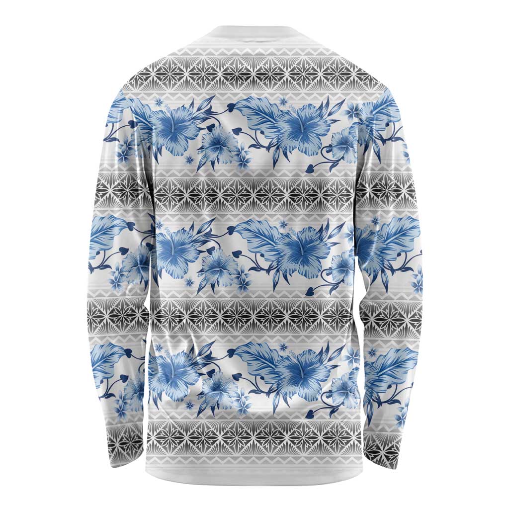 Samoa White Sunday Long Sleeve Shirt Samoan Tapa Blue Hibiscus LT05 - Polynesian Pride