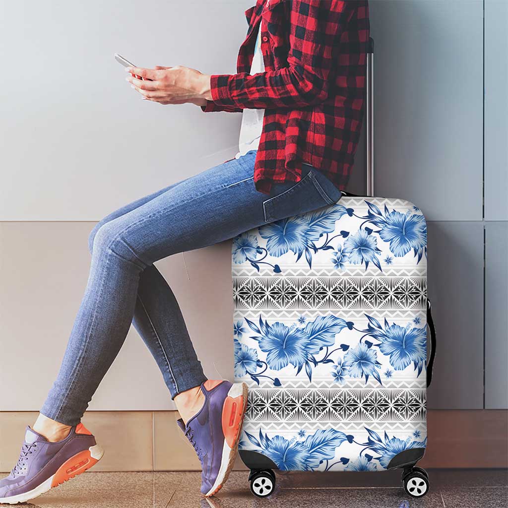 Samoa White Sunday Luggage Cover Samoan Tapa Blue Hibiscus - Polynesian Pride