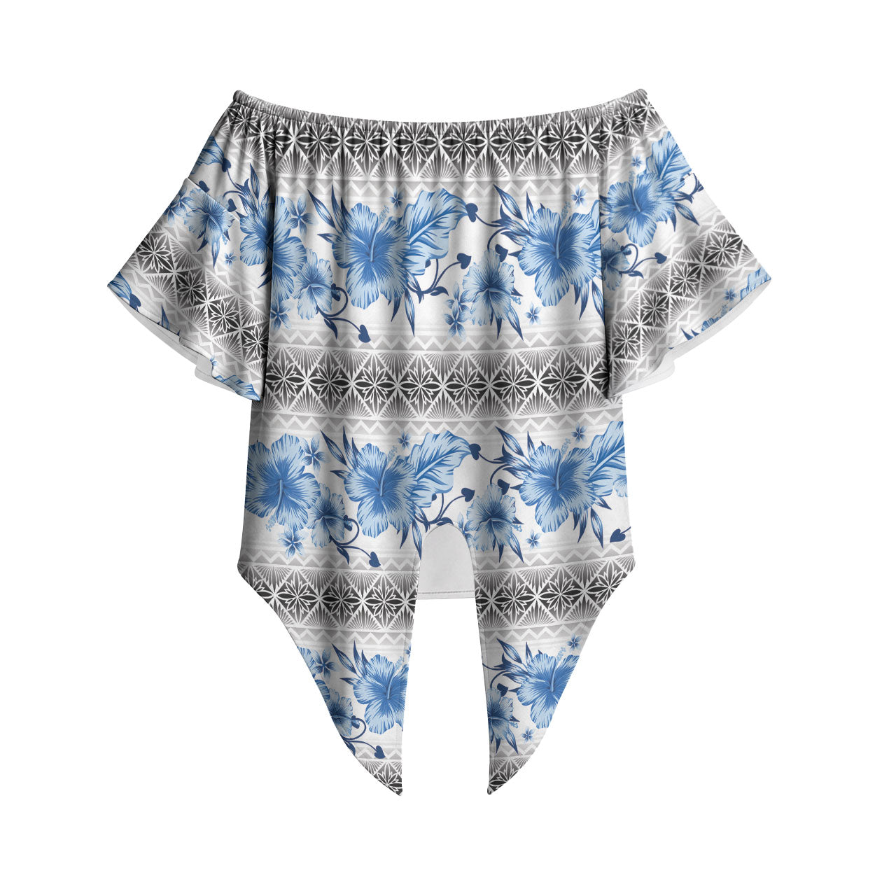 Samoa White Sunday Off Shoulder Wrap Waist Top Samoan Tapa Blue Hibiscus LT05 Blue - Polynesian Pride