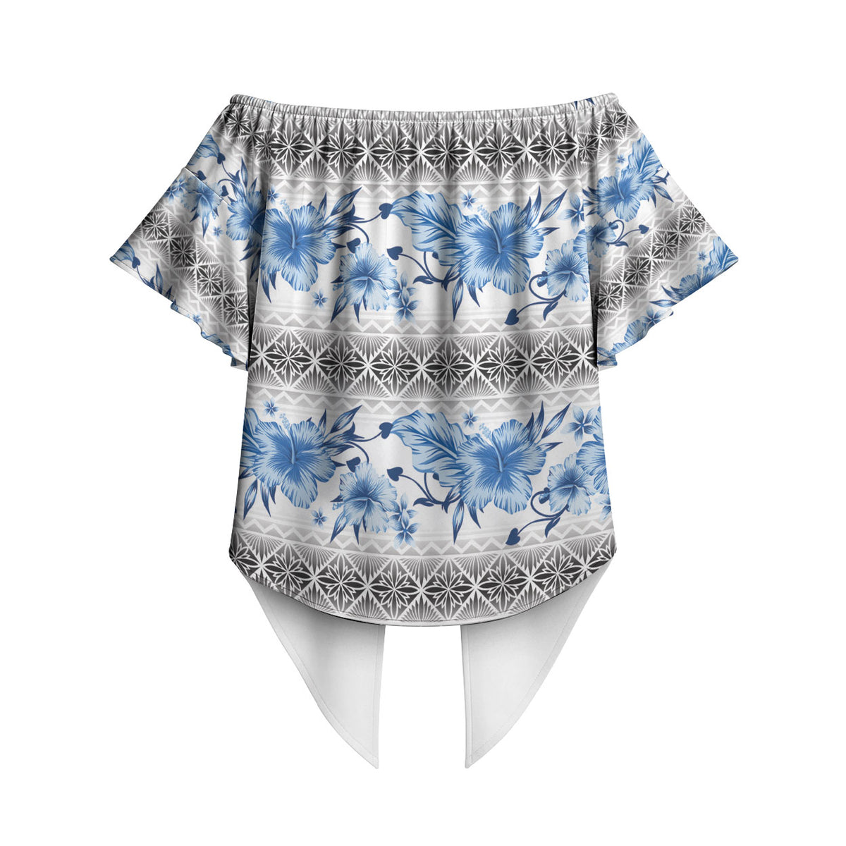 Samoa White Sunday Off Shoulder Wrap Waist Top Samoan Tapa Blue Hibiscus LT05 - Polynesian Pride