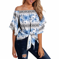Samoa White Sunday Off Shoulder Wrap Waist Top Samoan Tapa Blue Hibiscus LT05 - Polynesian Pride