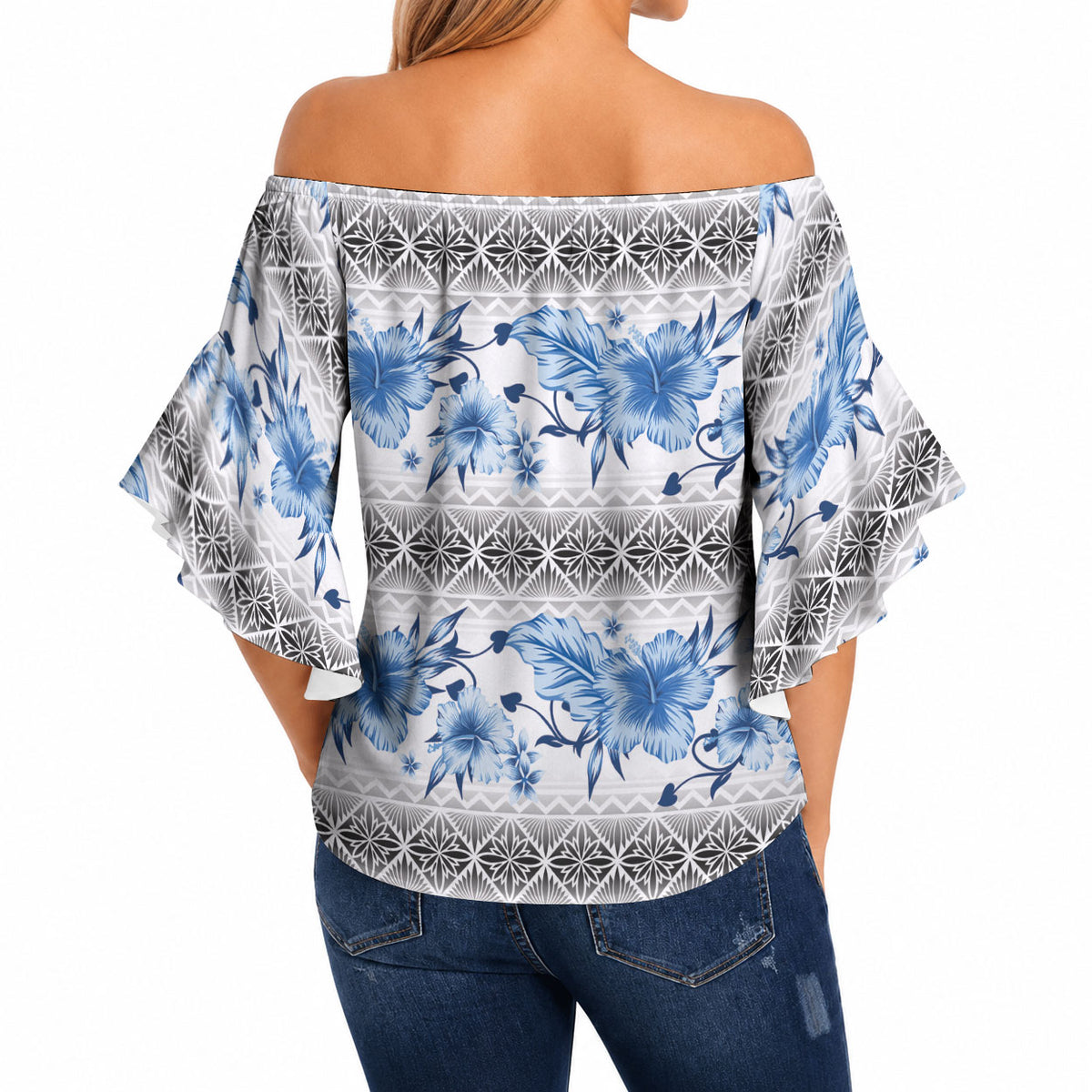 Samoa White Sunday Off Shoulder Wrap Waist Top Samoan Tapa Blue Hibiscus LT05 - Polynesian Pride