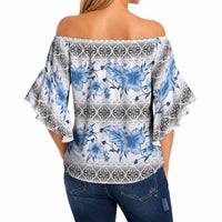 Samoa White Sunday Off Shoulder Wrap Waist Top Samoan Tapa Blue Hibiscus LT05 - Polynesian Pride