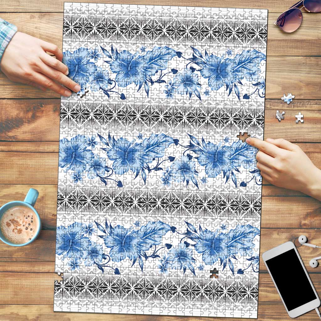 Samoa White Sunday Puzzle Samoan Tapa Blue Hibiscus - Polynesian Pride