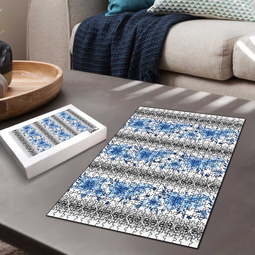 Samoa White Sunday Puzzle Samoan Tapa Blue Hibiscus - Polynesian Pride