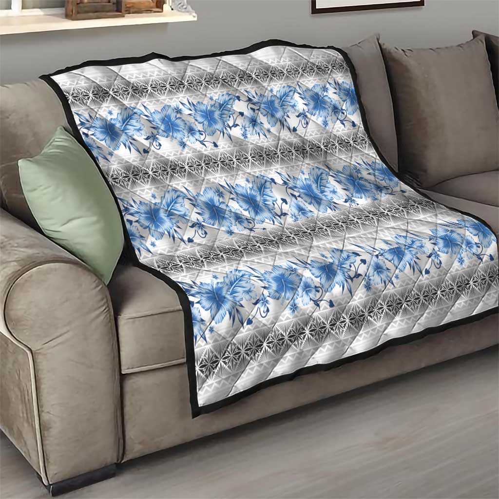 Samoa White Sunday Quilt Samoan Tapa Blue Hibiscus - Polynesian Pride
