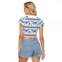 Samoa White Sunday Raglan Cropped T Shirt Samoan Tapa Blue Hibiscus - Polynesian Pride