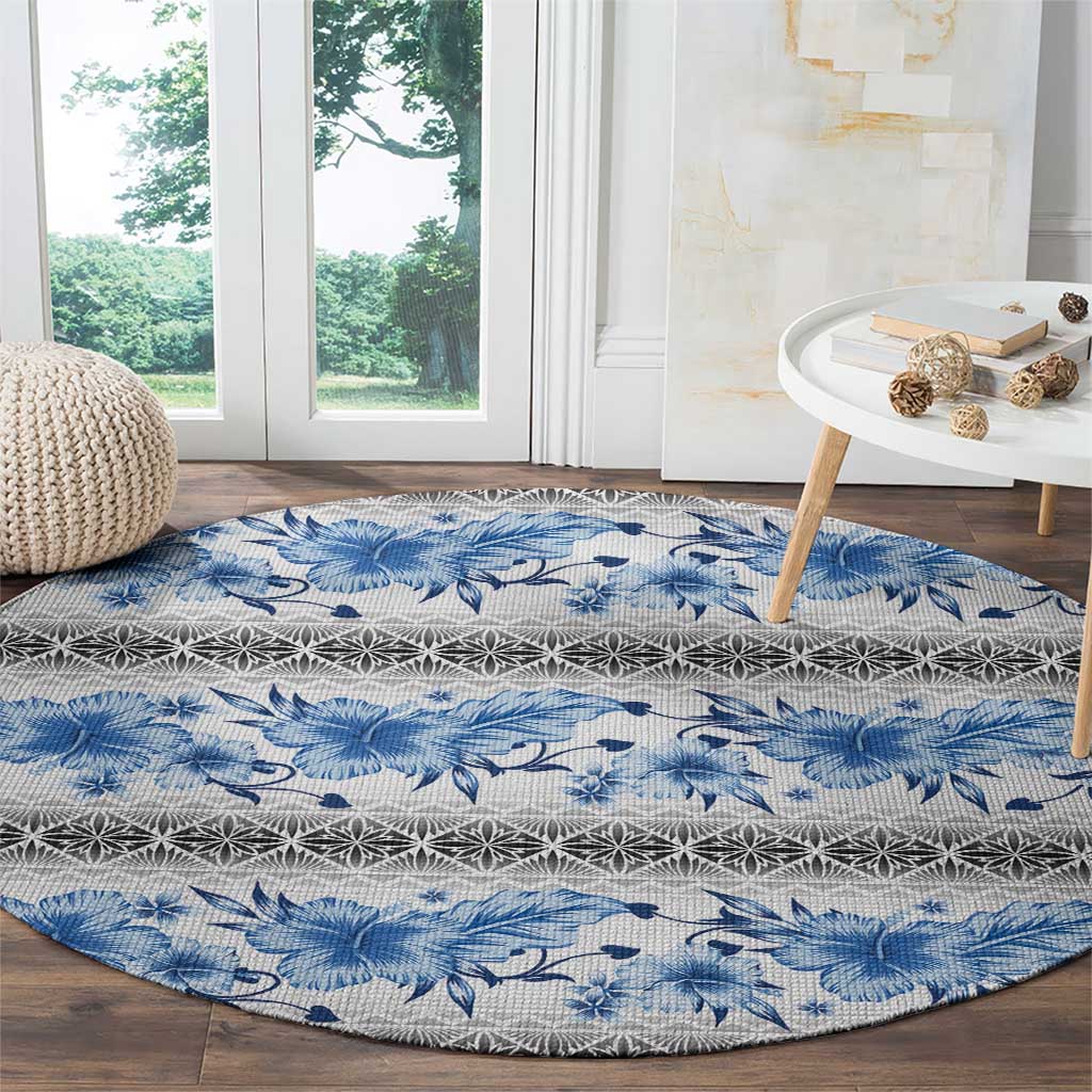 Samoa White Sunday Round Carpet Samoan Tapa Blue Hibiscus - Polynesian Pride