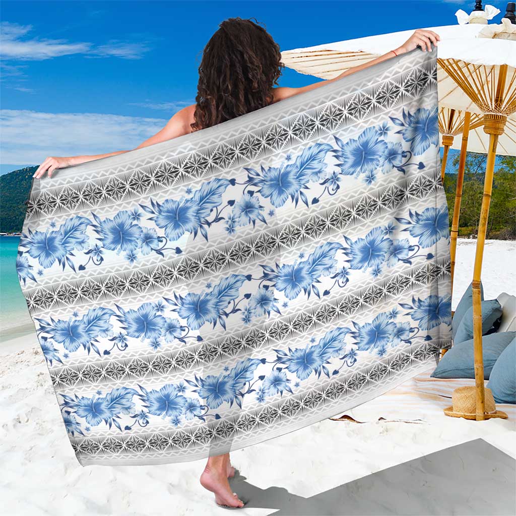 Samoa White Sunday Sarong Samoan Tapa Blue Hibiscus - Polynesian Pride
