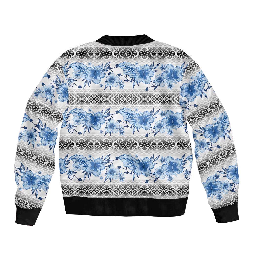 Samoa White Sunday Sleeve Zip Bomber Jacket Samoan Tapa Blue Hibiscus LT05 - Polynesian Pride