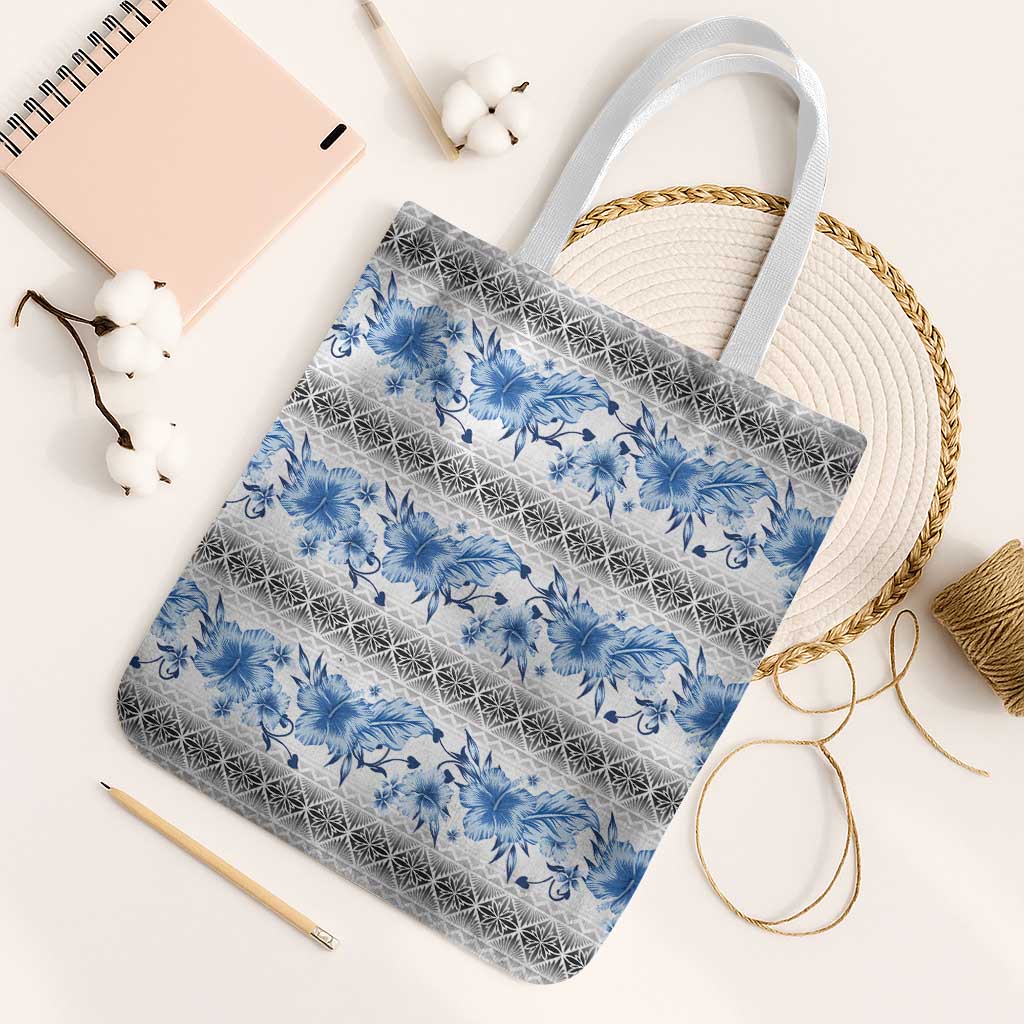 Samoa White Sunday Tote Bag Samoan Tapa Blue Hibiscus - Polynesian Pride