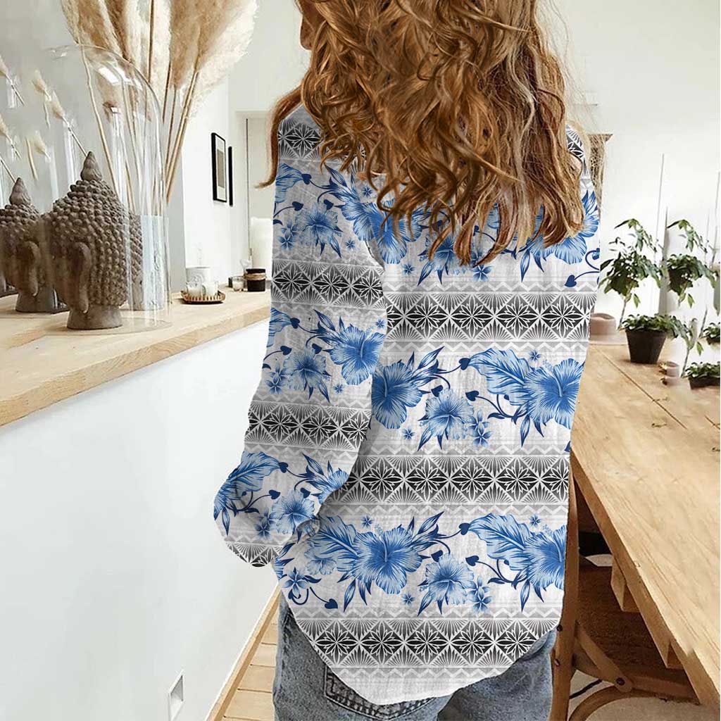 Samoa White Sunday Women Casual Shirt Samoan Tapa Blue Hibiscus - Polynesian Pride