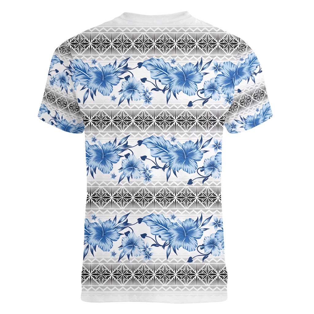 Samoa White Sunday Women V-Neck T-Shirt Samoan Tapa Blue Hibiscus - Polynesian Pride