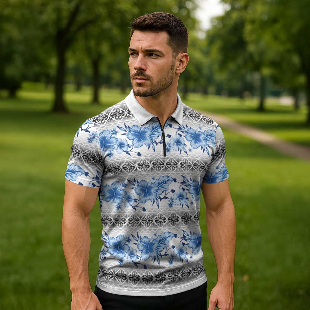 Samoa White Sunday Zipper Polo Shirt Samoan Tapa Blue Hibiscus - Polynesian Pride