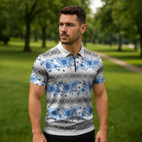 Samoa White Sunday Zipper Polo Shirt Samoan Tapa Blue Hibiscus - Polynesian Pride