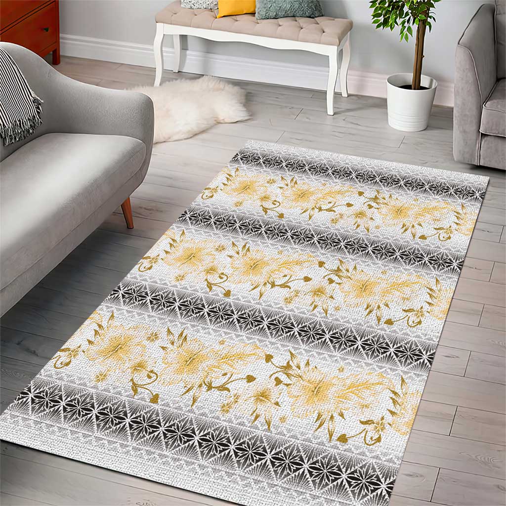 Samoa White Sunday Area Rug Samoan Tapa Yellow Hibiscus LT05 - Polynesian Pride