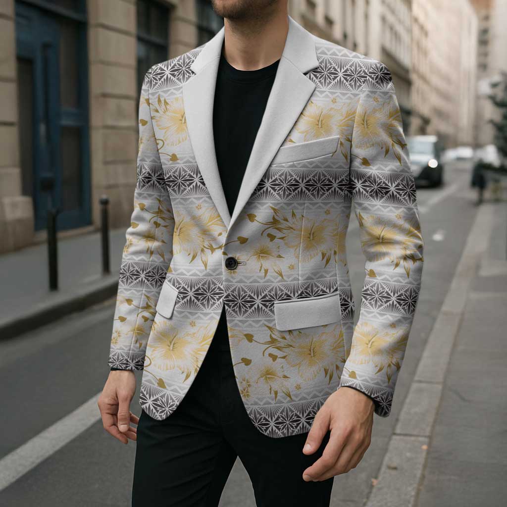 Samoa White Sunday Blazer Samoan Tapa Yellow Hibiscus - Polynesian Pride