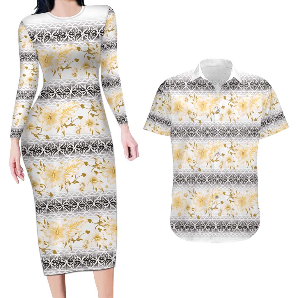Samoa White Sunday Couples Matching Long Sleeve Bodycon Dress and Hawaiian Shirt Samoan Tapa Yellow Hibiscus LT05 Yellow - Polynesian Pride