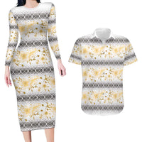 Samoa White Sunday Couples Matching Long Sleeve Bodycon Dress and Hawaiian Shirt Samoan Tapa Yellow Hibiscus LT05 Yellow - Polynesian Pride