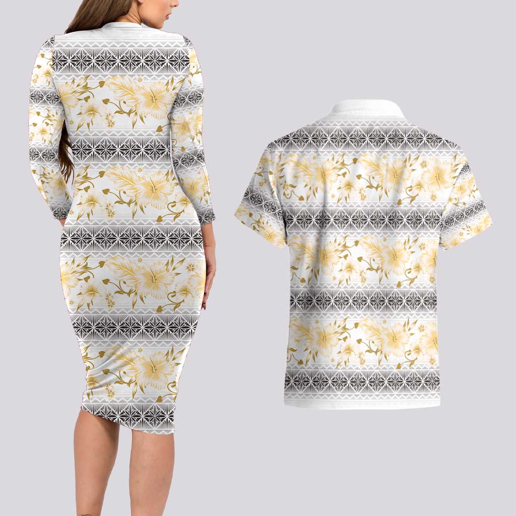 Samoa White Sunday Couples Matching Long Sleeve Bodycon Dress and Hawaiian Shirt Samoan Tapa Yellow Hibiscus LT05 - Polynesian Pride