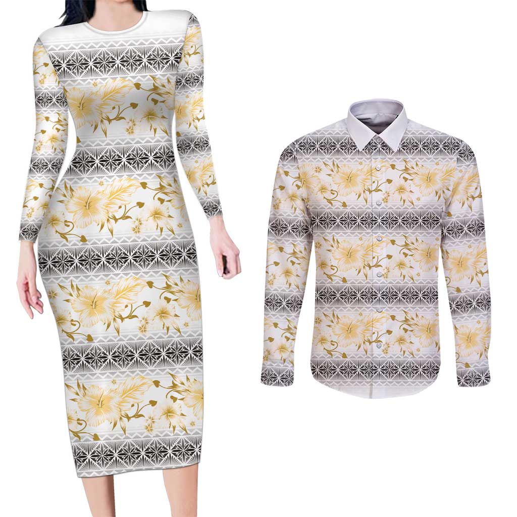 Samoa White Sunday Couples Matching Long Sleeve Bodycon Dress and Long Sleeve Button Shirt Samoan Tapa Yellow Hibiscus LT05 Yellow - Polynesian Pride