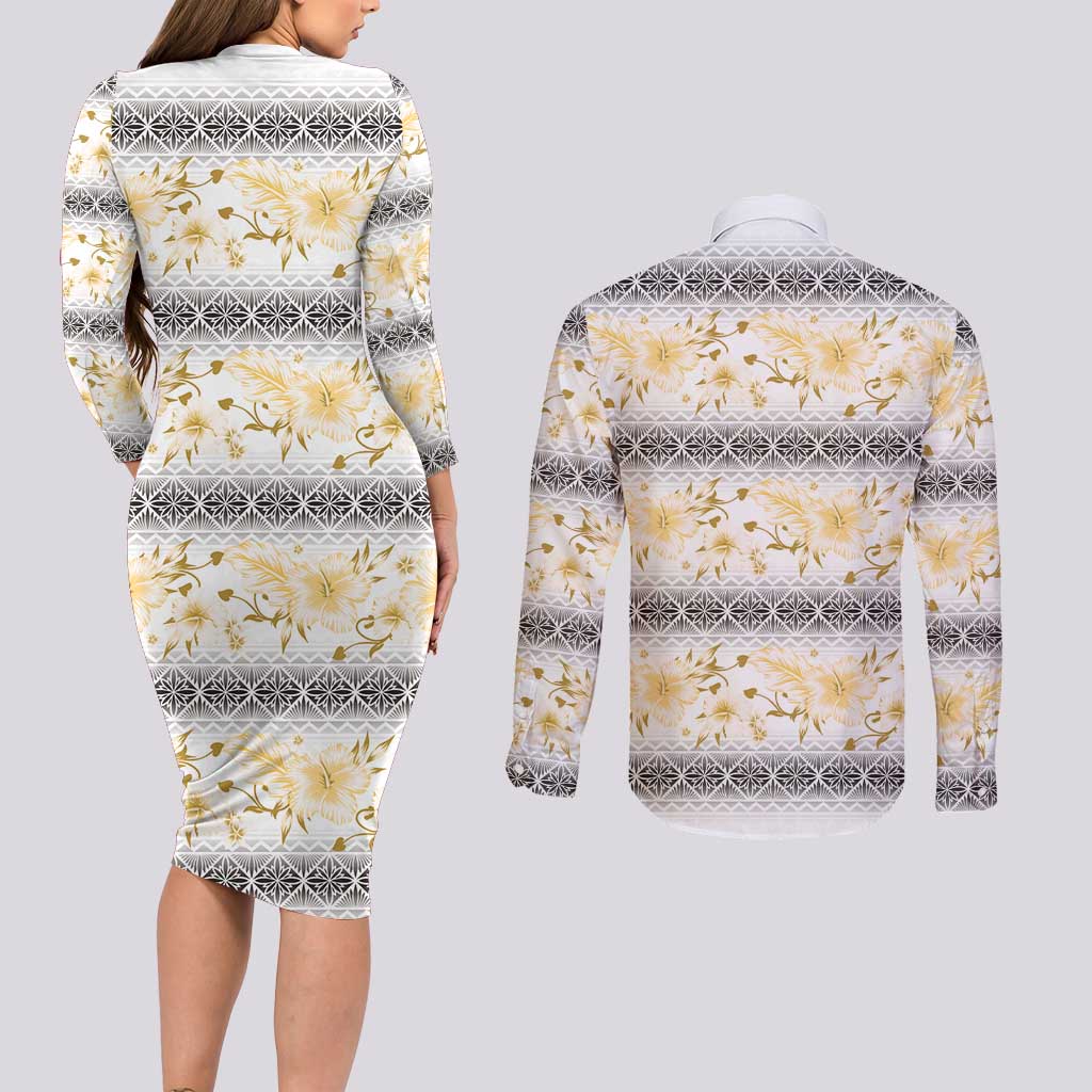 Samoa White Sunday Couples Matching Long Sleeve Bodycon Dress and Long Sleeve Button Shirt Samoan Tapa Yellow Hibiscus LT05 - Polynesian Pride