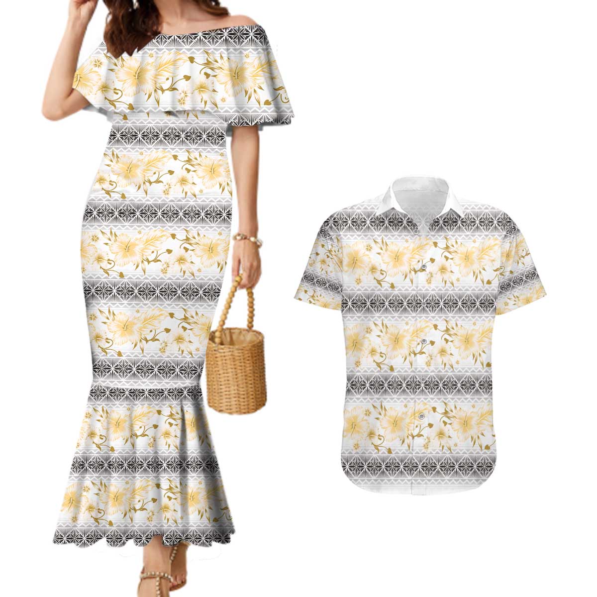 Samoa White Sunday Couples Matching Mermaid Dress and Hawaiian Shirt Samoan Tapa Yellow Hibiscus LT05 Yellow - Polynesian Pride